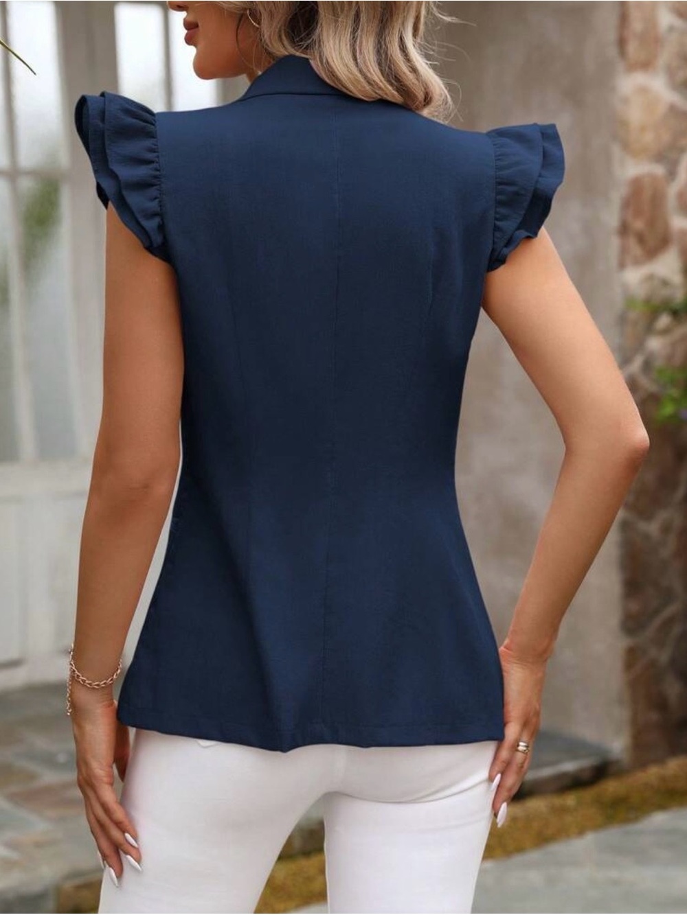 SHEIN Navy Ruffle Cap-Sleeve Blazer Vest - Picture 2 of 13